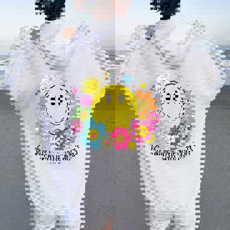 Grow Positive Thoughts イエロー スマイルフェイス 花 キッズ 女の子 レディース オーバーサイズ パーカー バックプリント