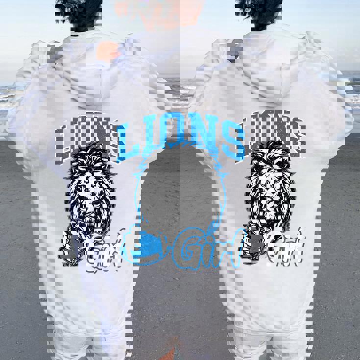 Lions Girl Messy Bun Sports Fan Team Women Oversized Hoodie Back Print