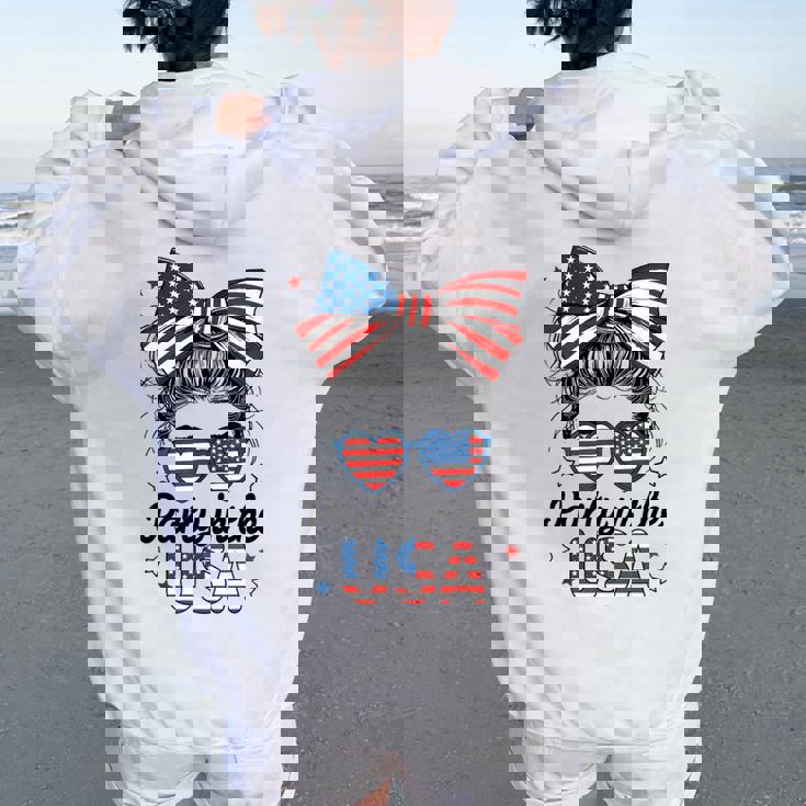 Party In Usa Girls 4Th Of July Daughter Messy Bun Usa Women Oversized Hoodie Back Print Party In Usa Girls 4Th Of July Daughter Messy Bun Usa Women Oversized Hoodie Back Print