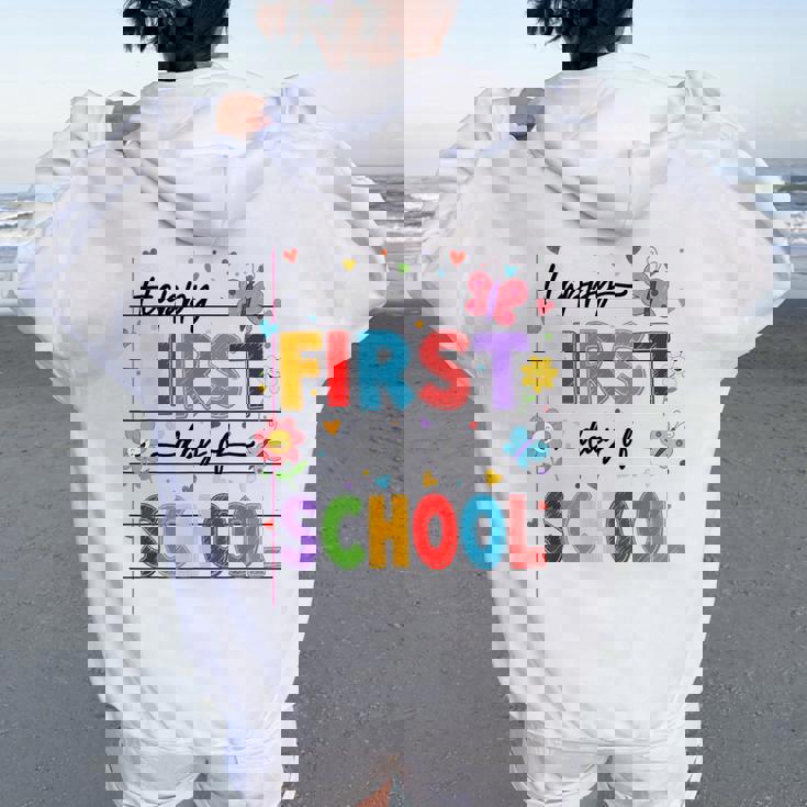 新学期 ハッピー 初日 学校 男の子 女の子 先生 レディース オーバーサイズ パーカー バックプリント