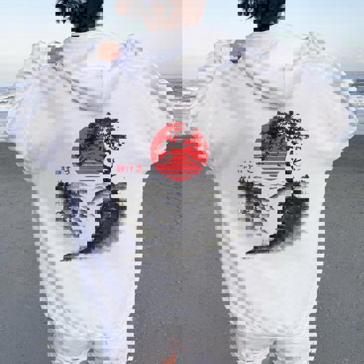 日本の木 赤い月 絵画 日本 夕日 男性 女性 レディース オーバーサイズ パーカー バックプリント