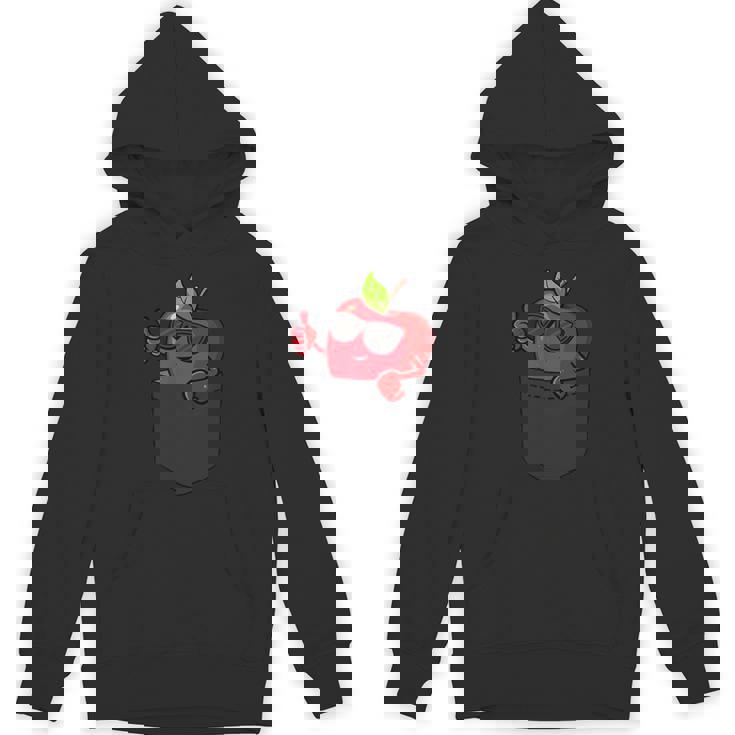 ポケットに入ったクールなリンゴ、サングラスをかけたリンゴのぞき見。 パーカー