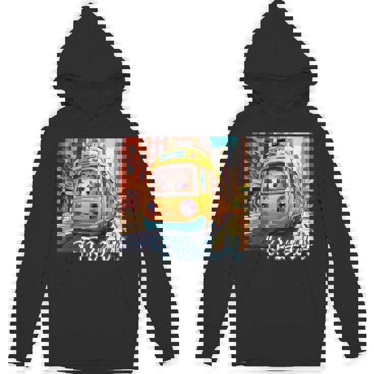 路面電車 Tram かわいい乗り物 おもちゃの乗り物 漫画風電車 鉄道ファン 鉄道旅行 鉄道模型ファン 鉄道風景 パーカー