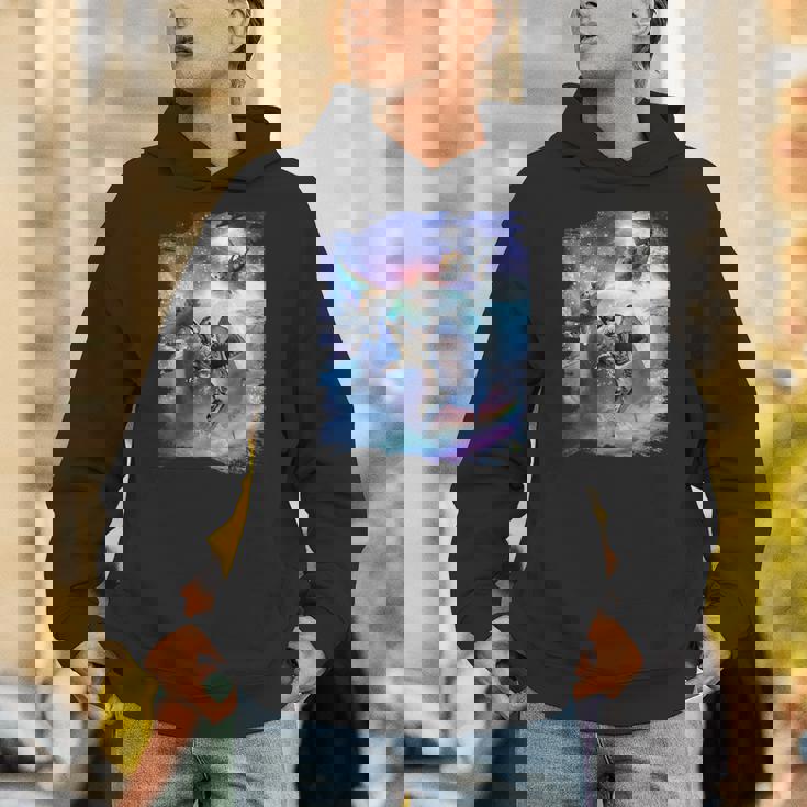 レインボーギャラクシー 宇宙に乗るサメに乗る猫 パーカー