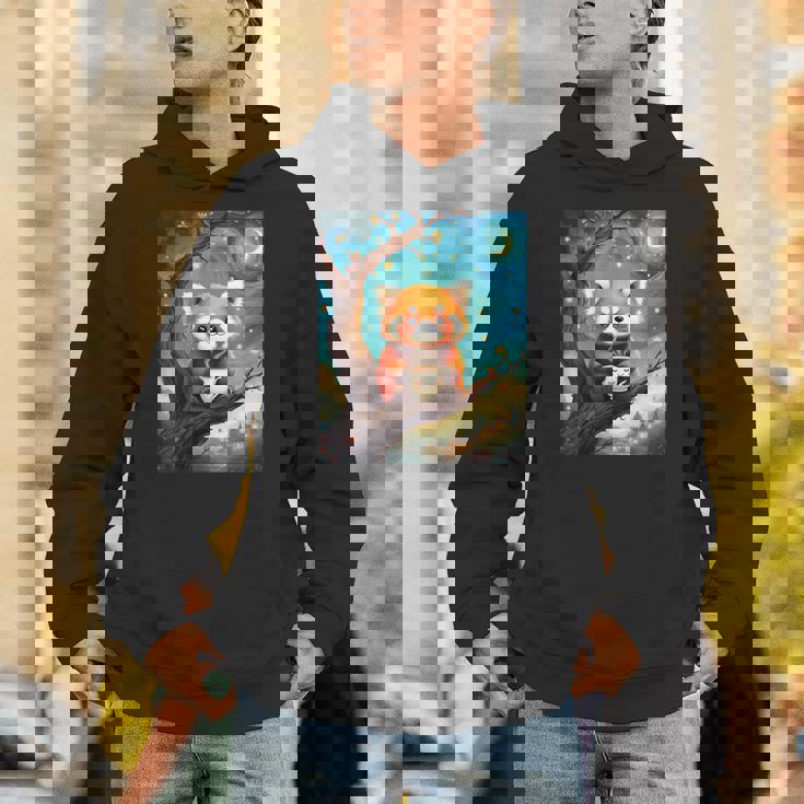 愛らしいレッサーパンダとティーカップの星月夜イラスト パーカー