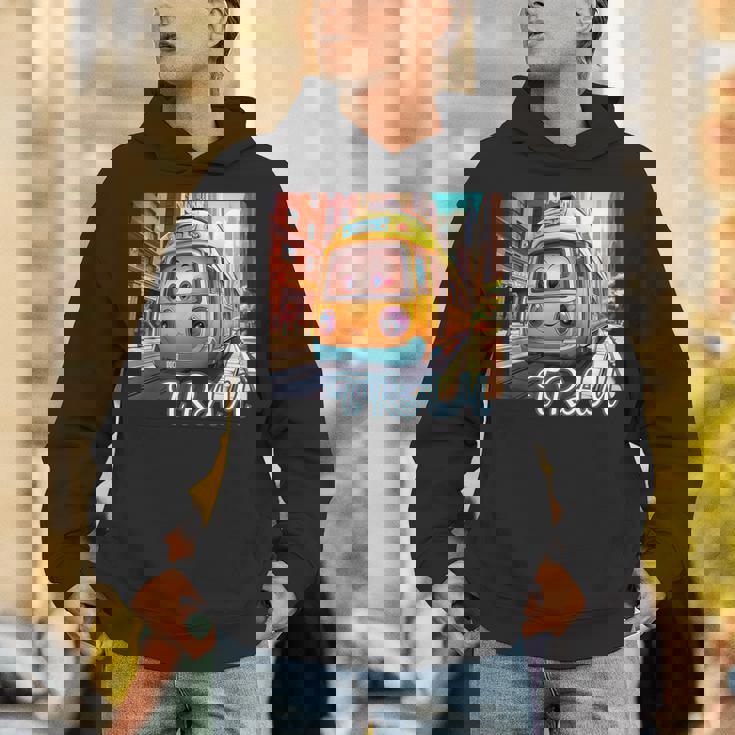 路面電車 Tram かわいい乗り物 おもちゃの乗り物 漫画風電車 鉄道ファン 鉄道旅行 鉄道模型ファン 鉄道風景 パーカー