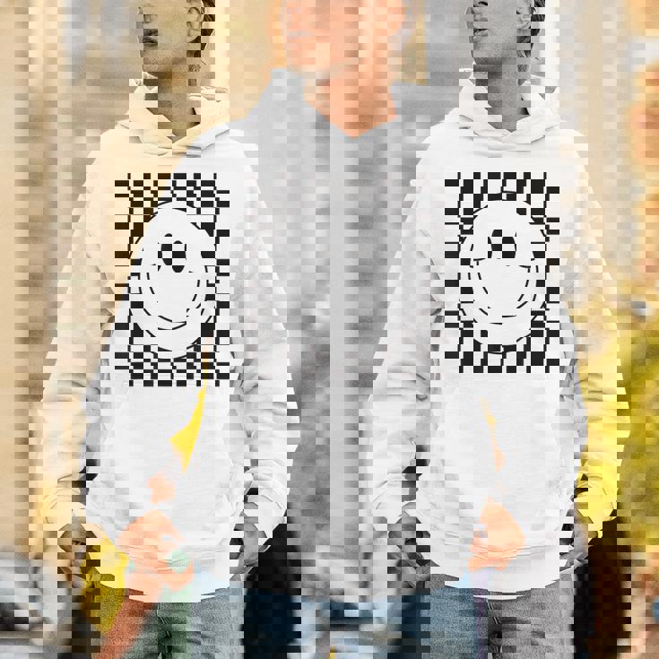 イエロー スマイル フェイスシャツ かわいい チェック柄 スマイル ハッピー パーカー