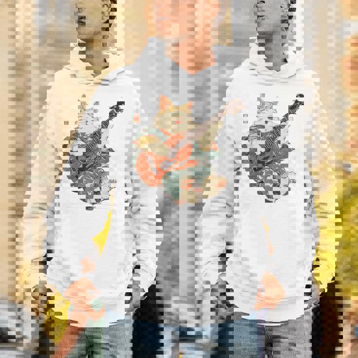 ギターを弾く日本の侍猫 忍者 浮世絵 アニメ パーカー