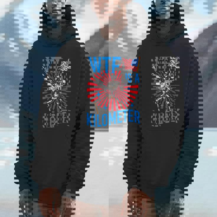 Retro Wtf Is A Kilometer Patriotic American Skeleton Hoodie
