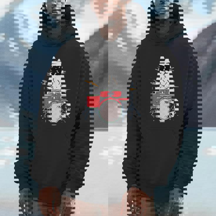 ネコとドラム 猫とサングラス ネコ好き 猫飼い 愛猫家 ドラム ドラムセット バンド ジャズ音楽 ねこ ネコ 猫 Hoodie