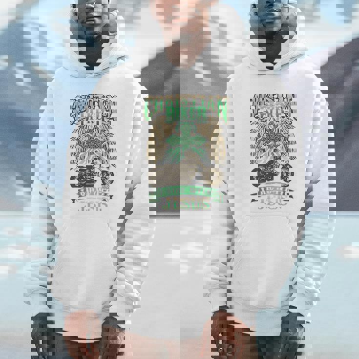 キリスト教バイカーライドウィズジーザスオートバイバックプリントデザイン パーカー