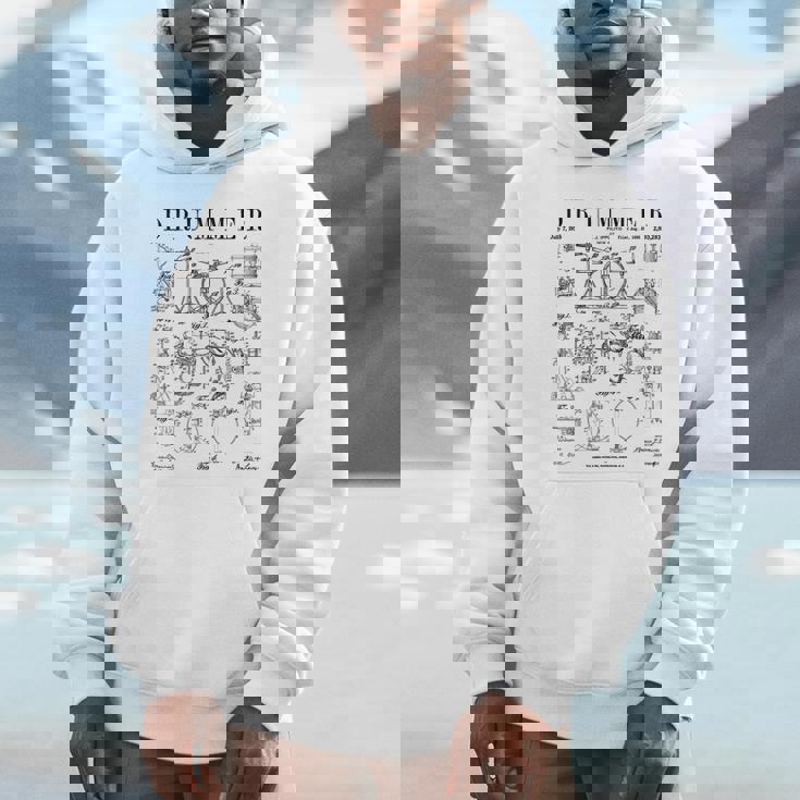 ドラムセットキット ヴィンテージ パテントドラマー ドローイングプリント Hoodie