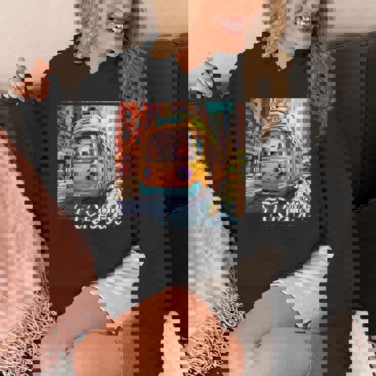 路面電車 Tram かわいい乗り物 おもちゃの乗り物 漫画風電車 鉄道ファン 鉄道旅行 鉄道模型ファン 鉄道風景 パーカー