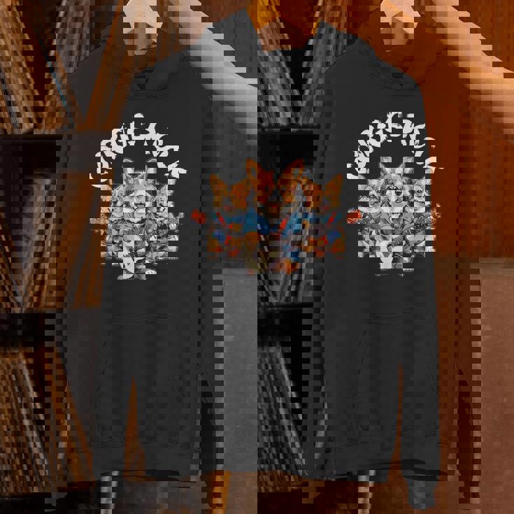 Corgis Rock かわいいコーギー犬トリオ ロックアウト ギターを弾く パーカー