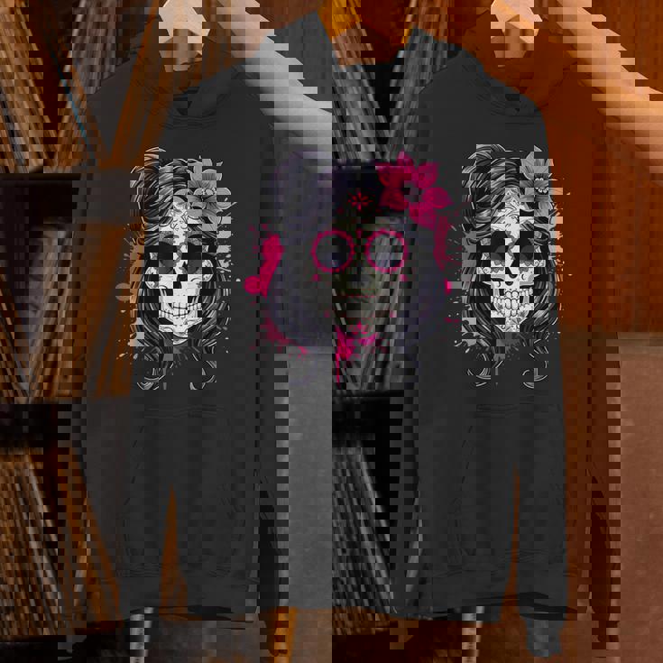 スタイリッシュなマゼンタ サクラ ムエルテ スカルデザイン Dia De Los Muertos パーカー