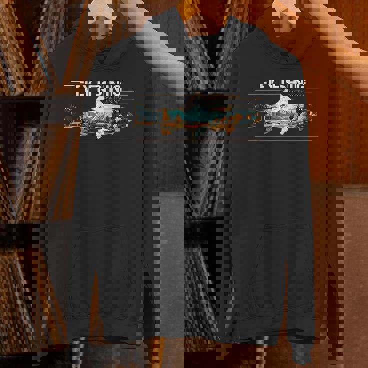 フライフィッシング モンタナ レトロ 風景 トラウト シルエット Hoodie