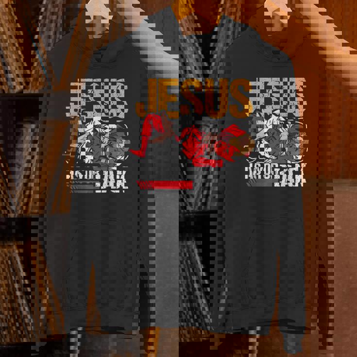 ブラジリアン柔術 ジーザス・ハズ・ユア・バック 面白いクリスチャンbjj パーカー