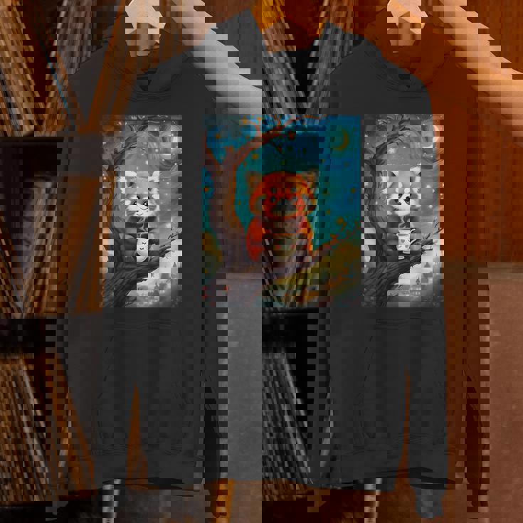 愛らしいレッサーパンダとティーカップの星月夜イラスト パーカー