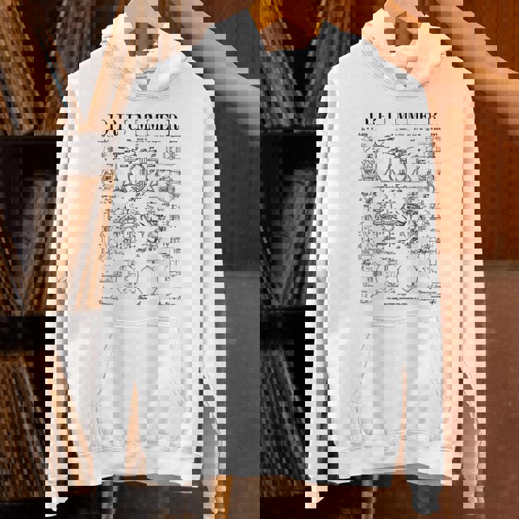 ドラムセットキット ヴィンテージ パテントドラマー ドローイングプリント Hoodie