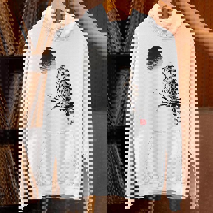 日本製 墨絵 ふくろう アート 墨筆 絵 漢字 知恵 – 日本文化デザイン パーカー