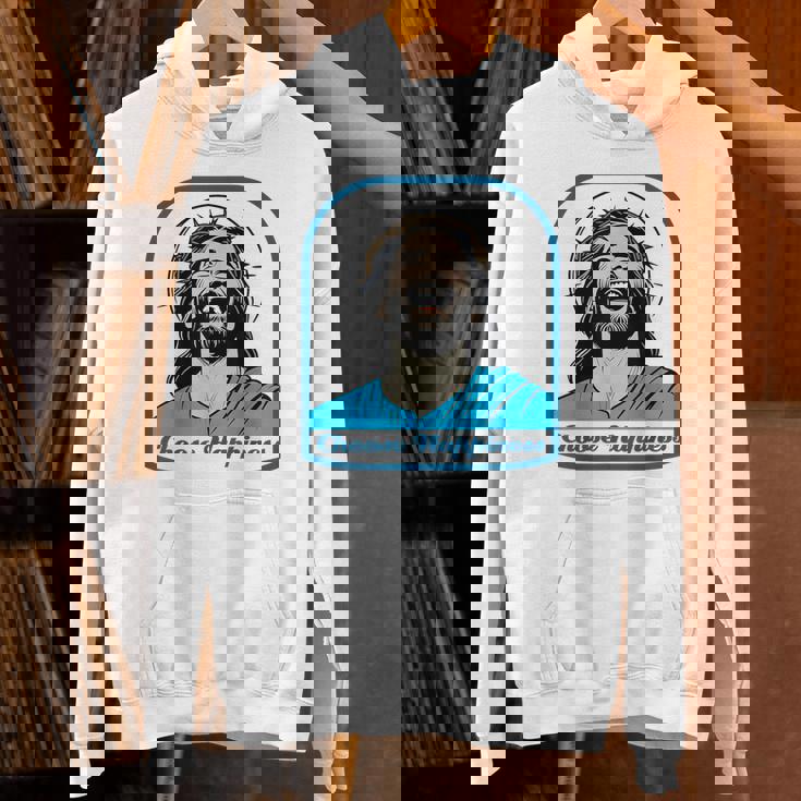 笑うイエス キリスト 喜び 幸せな笑顔 自信 いばらの冠 満足感 クリスマスプレゼント 贈り物 お土産 ポジティブ パーカー