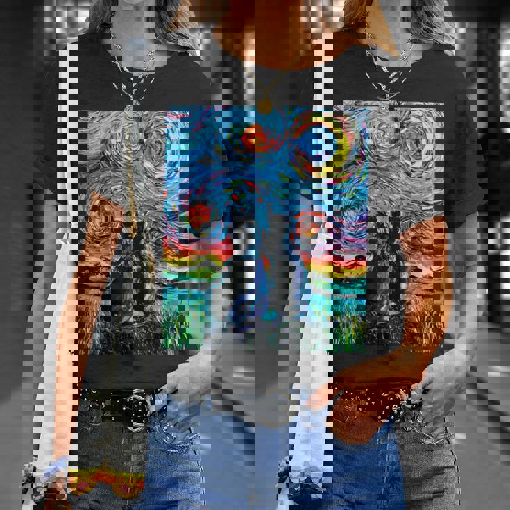 Aja 星月夜に2匹の黒猫 カラフルアート Tシャツ 彼女への贈り物