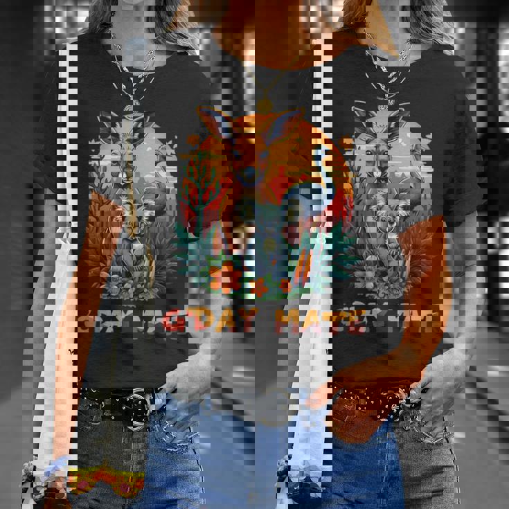 Australia G'day Mate And Aussie Animals Kangaroo Koala Emu Tシャツ 彼女への贈り物