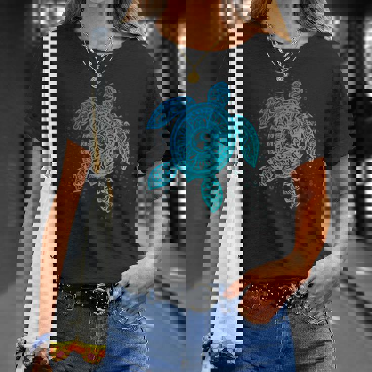 Boho Tiki ティールウミガメ 気泡付き 亀 Tシャツ 彼女への贈り物
