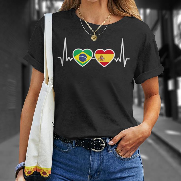 Brasil España Latido Bandera Español Brasileño In Mangas Camiseta unisex Regalos para ella