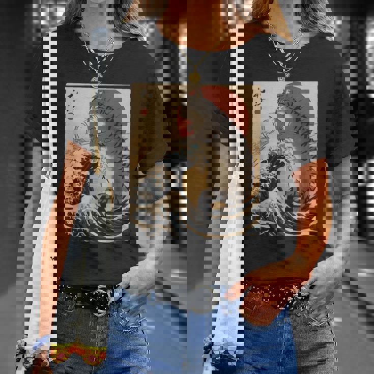 Catzilla 日本の波 ヴィンテージ 夕日 面白い 猫 アート Tシャツ 彼女への贈り物