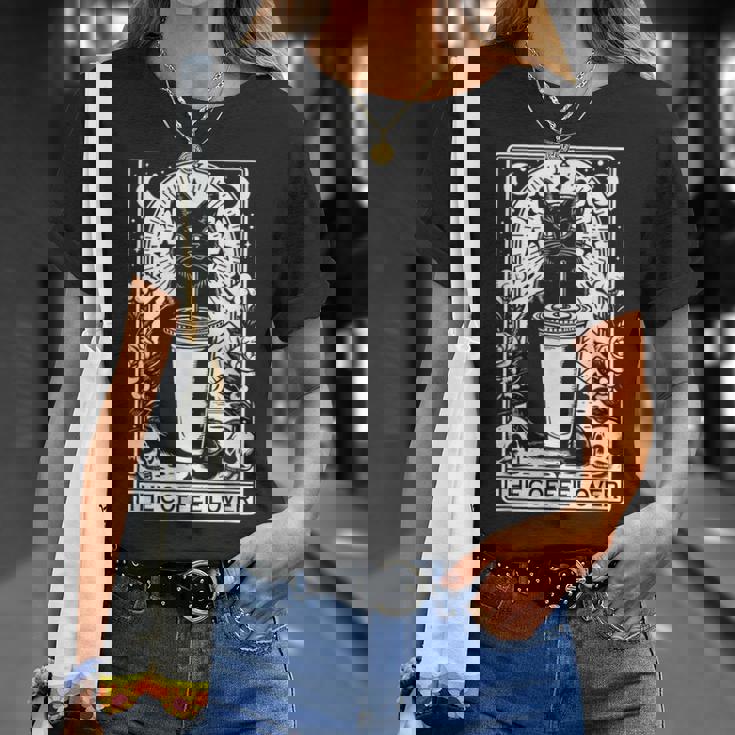 The Coffee Lover Cat ビンテージ ゴシック タロットカード Tシャツ 彼女への贈り物