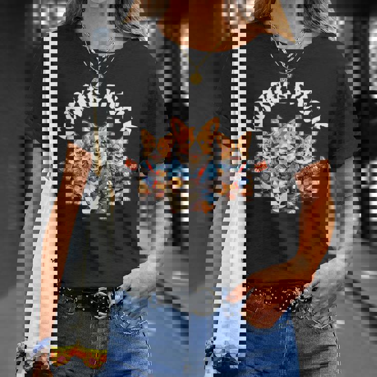 Corgis Rock かわいいコーギー犬トリオ ロックアウト ギターを弾く Tシャツ 彼女への贈り物