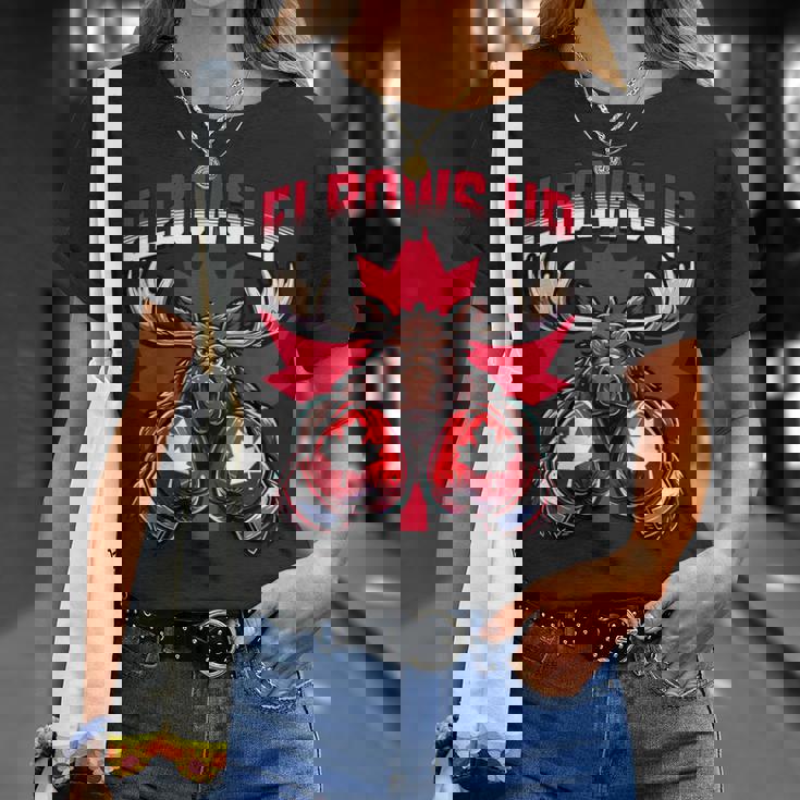 Elbows Up Canada ボクシング ムース メープルリーフ カナダの誇り Tシャツ 彼女への贈り物