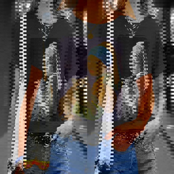 Girl With A Pearl Earring And A Cat 名画パロディ アート猫 Tシャツ 彼女への贈り物