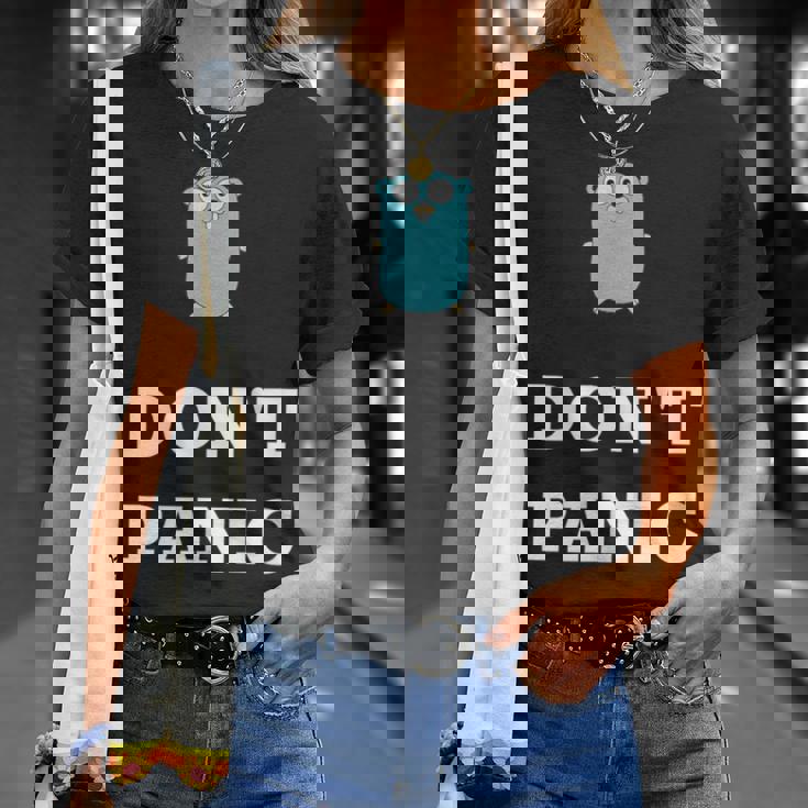 Golang Gopher プログラミング ユーモア Don't Panic Coding Developer Tシャツ 彼女への贈り物