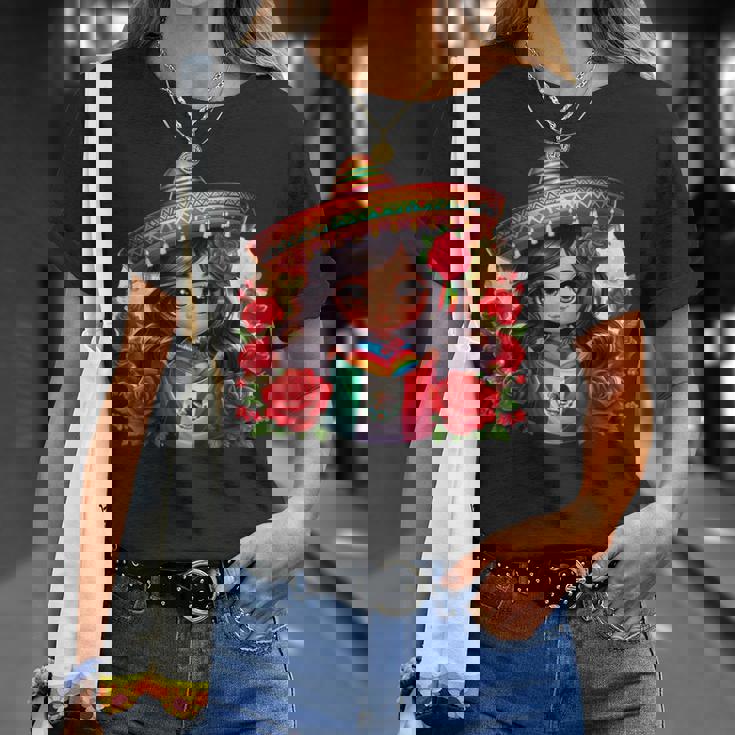 Long Haired Curvy Mexican Chibi Zarape Roses Mexican Pride Tシャツ 彼女への贈り物