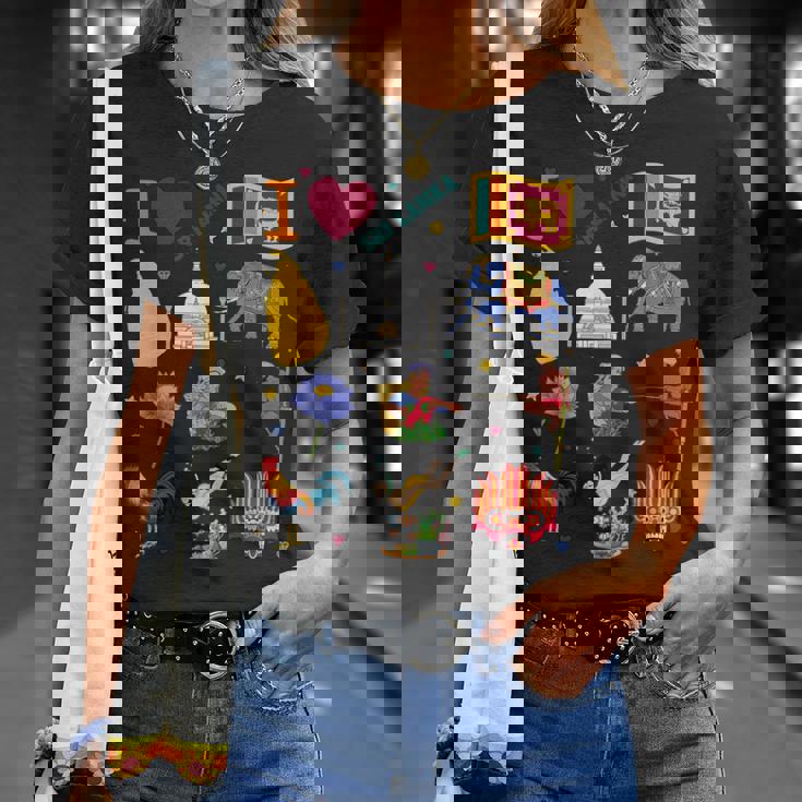 I Loveri Lanka 手描きのスリランカのランドマーク、旗、地図 Tシャツ 彼女への贈り物