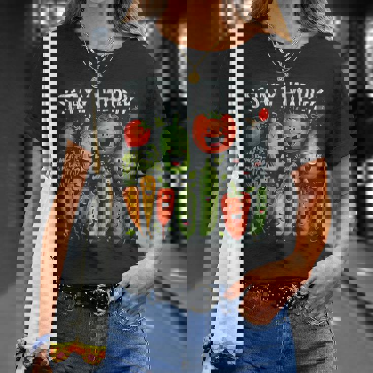 Mantente Feliz Conerduras Y Frutas Divertidas Camiseta unisex Regalos para ella