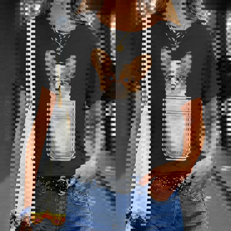 Papillon パピヨン 子犬 ポケットの中の犬 Tシャツ 彼女への贈り物