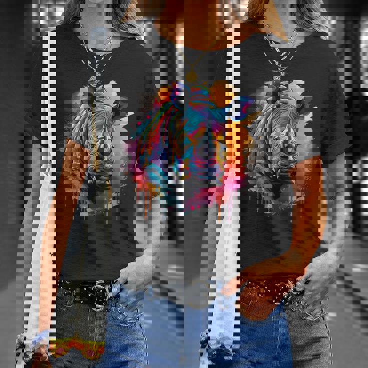 Rhinoceros アートワーク ポートレート 動物 アート カラフル スプラッシュ サイ Tシャツ 彼女への贈り物