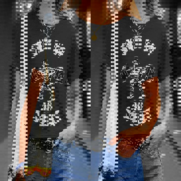 Shut Up Andquat スローガン ボディビルダー ベンチプレス Tシャツ 彼女への贈り物