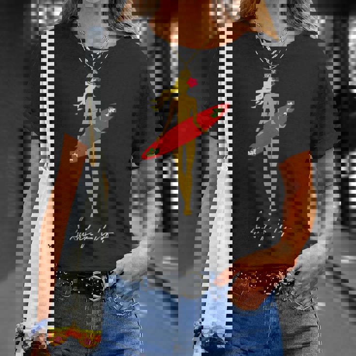 Surfs Up トロピカルブロンドサーファーガール Tシャツ 彼女への贈り物