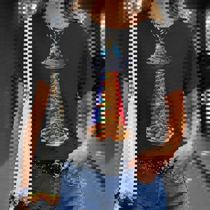 Ufo 誘拐ホットドッグ ムーンデー エイリアン 空飛ぶ円盤 ソーセージ Tシャツ 彼女への贈り物