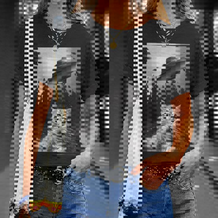 Ufo付き面白い猫セルフィー Tシャツ 彼女への贈り物