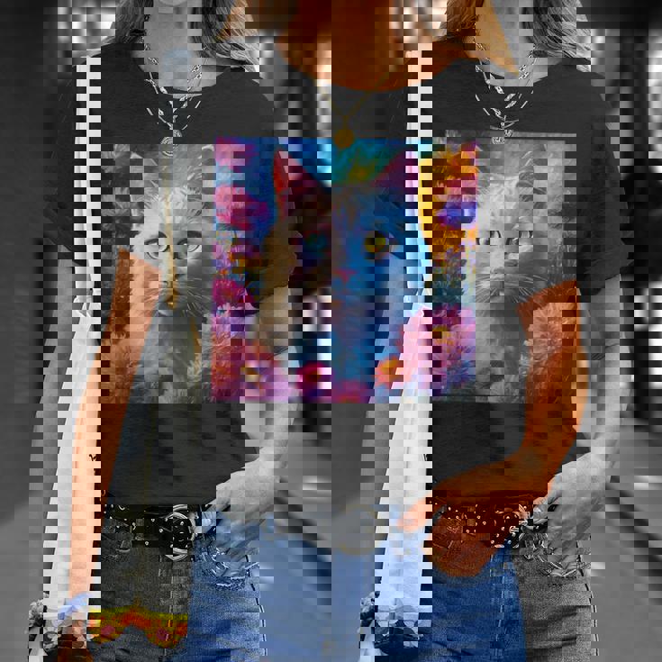 「お花畑のルディ猫」 油絵風ファンタジーアート 綺麗 かわいい オッドアイ リアル Tシャツ 彼女への贈り物