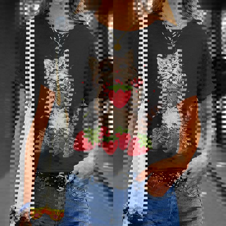 いちご 猫 いちご フルーツ ネコ アニマル プリント 図面 Tシャツ 彼女への贈り物