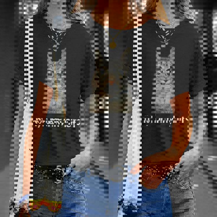 お腹が痛い面白い猫のミーム Tシャツ 彼女への贈り物