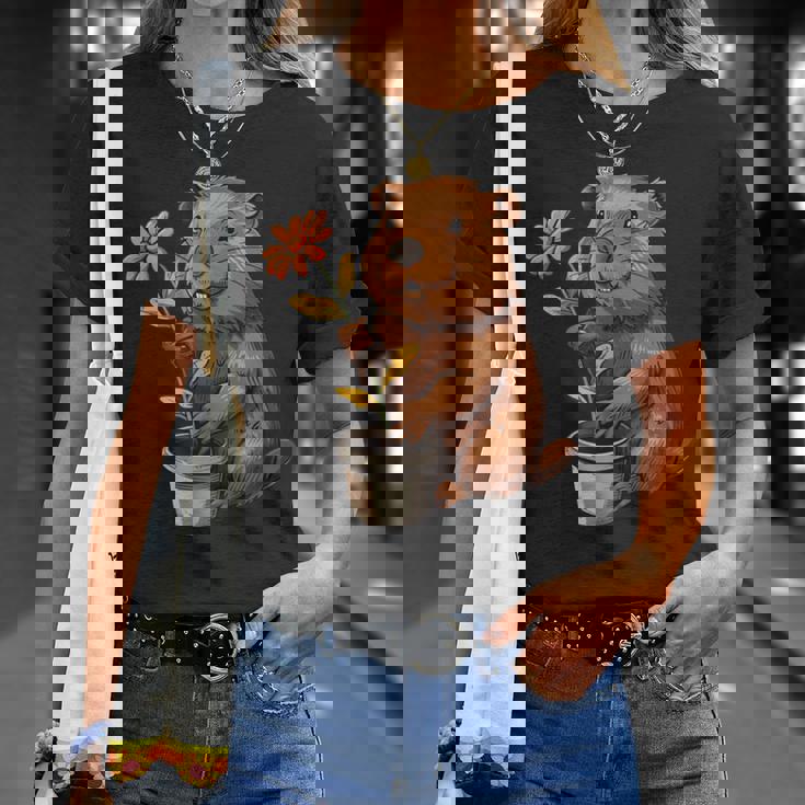 かわいいコスチューム愛好家のための鉢植えのハッピービーバー Tシャツ 彼女への贈り物