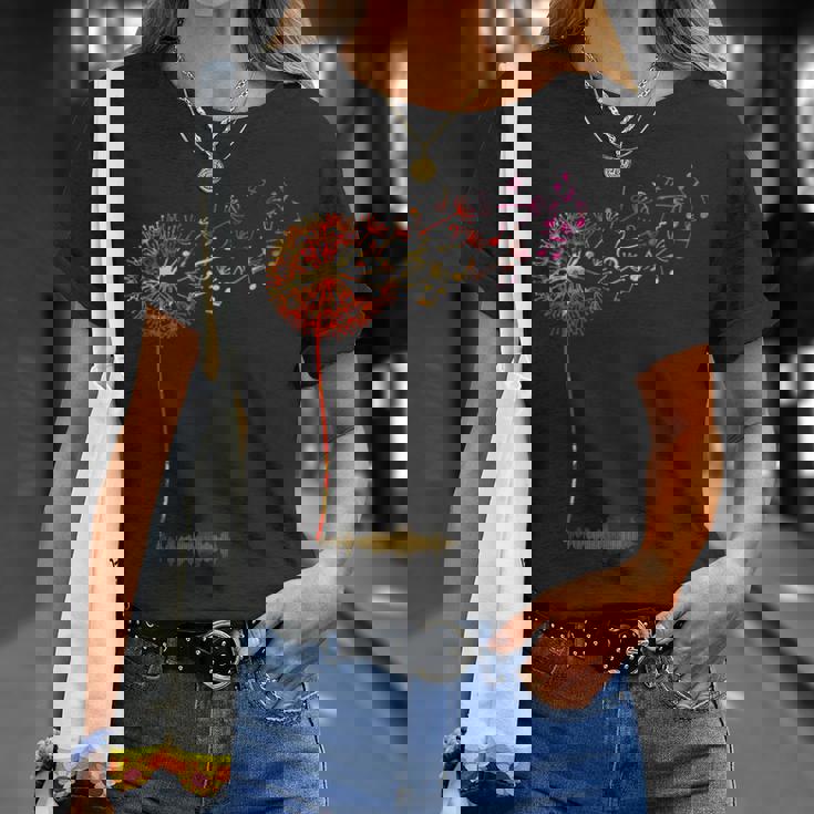 かわいいタンポポ 音符付き 花 男女兼用 音楽 Tシャツ 彼女への贈り物