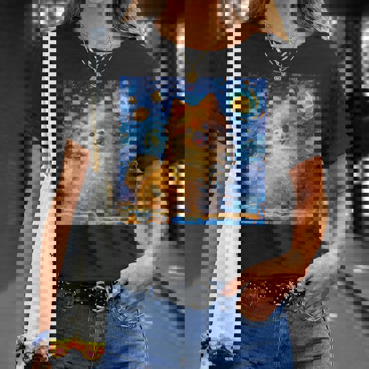 かわいいポメラニアン犬 星月夜 ヴィンセント・ヴァン・ゴッホ絵画 Tシャツ 彼女への贈り物